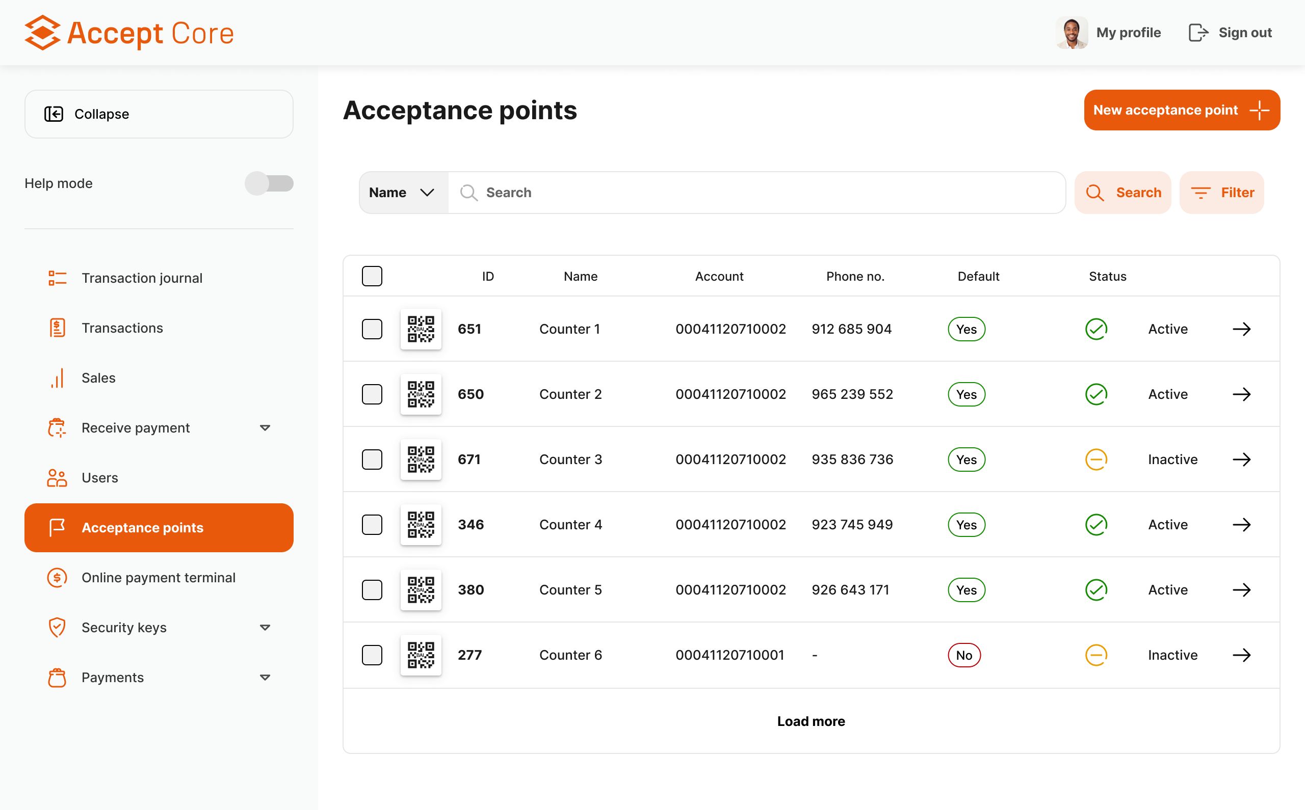 AcceptCore acceptance points screen: table of counters with ID, name, account, phone number, default and active or inactive status, with search, filter and new acceptance point actions.