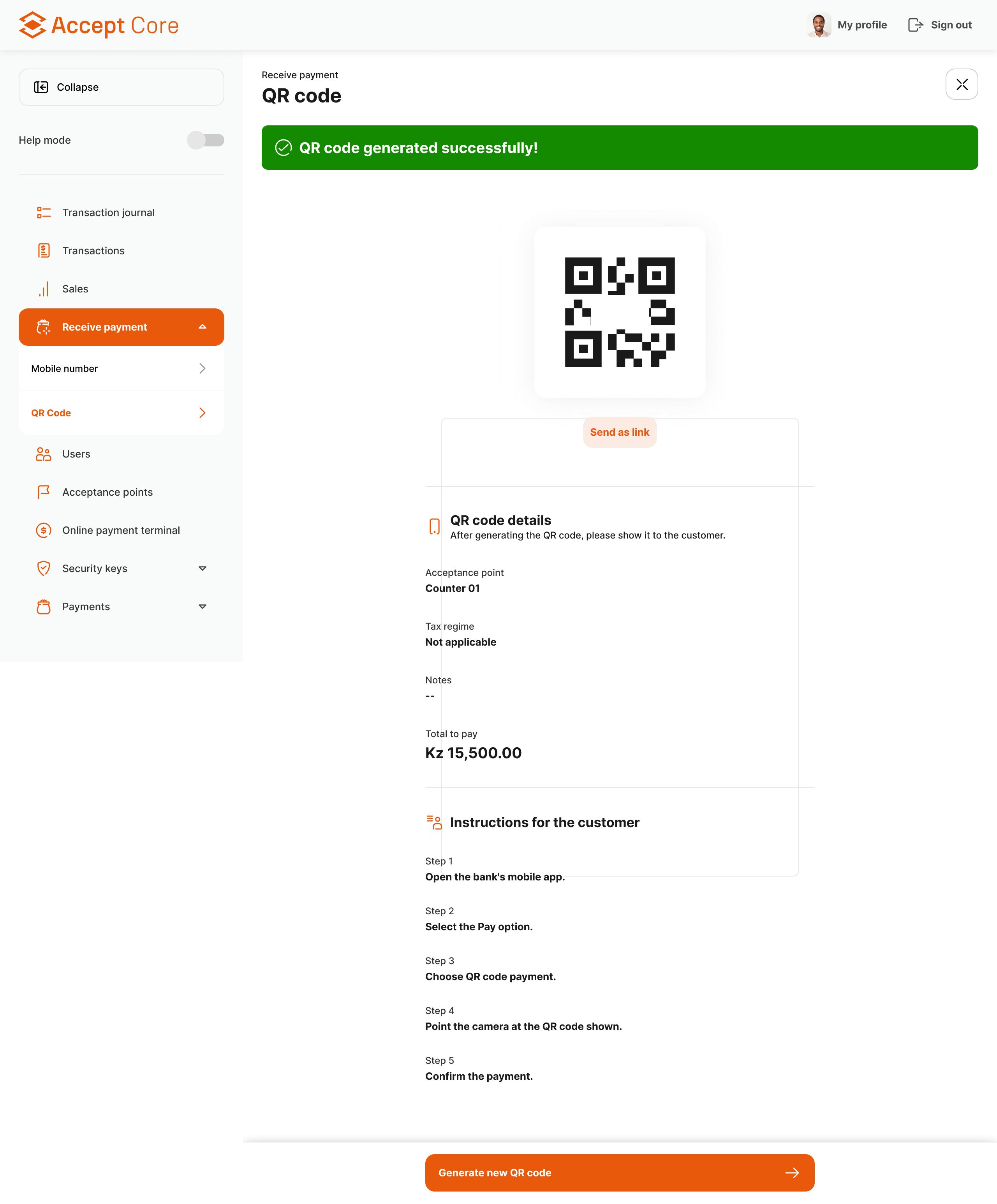 AcceptCore receive payment screen: QR code generated successfully, QR code details with acceptance point, tax regime and total to pay, and five-step instructions for the customer.