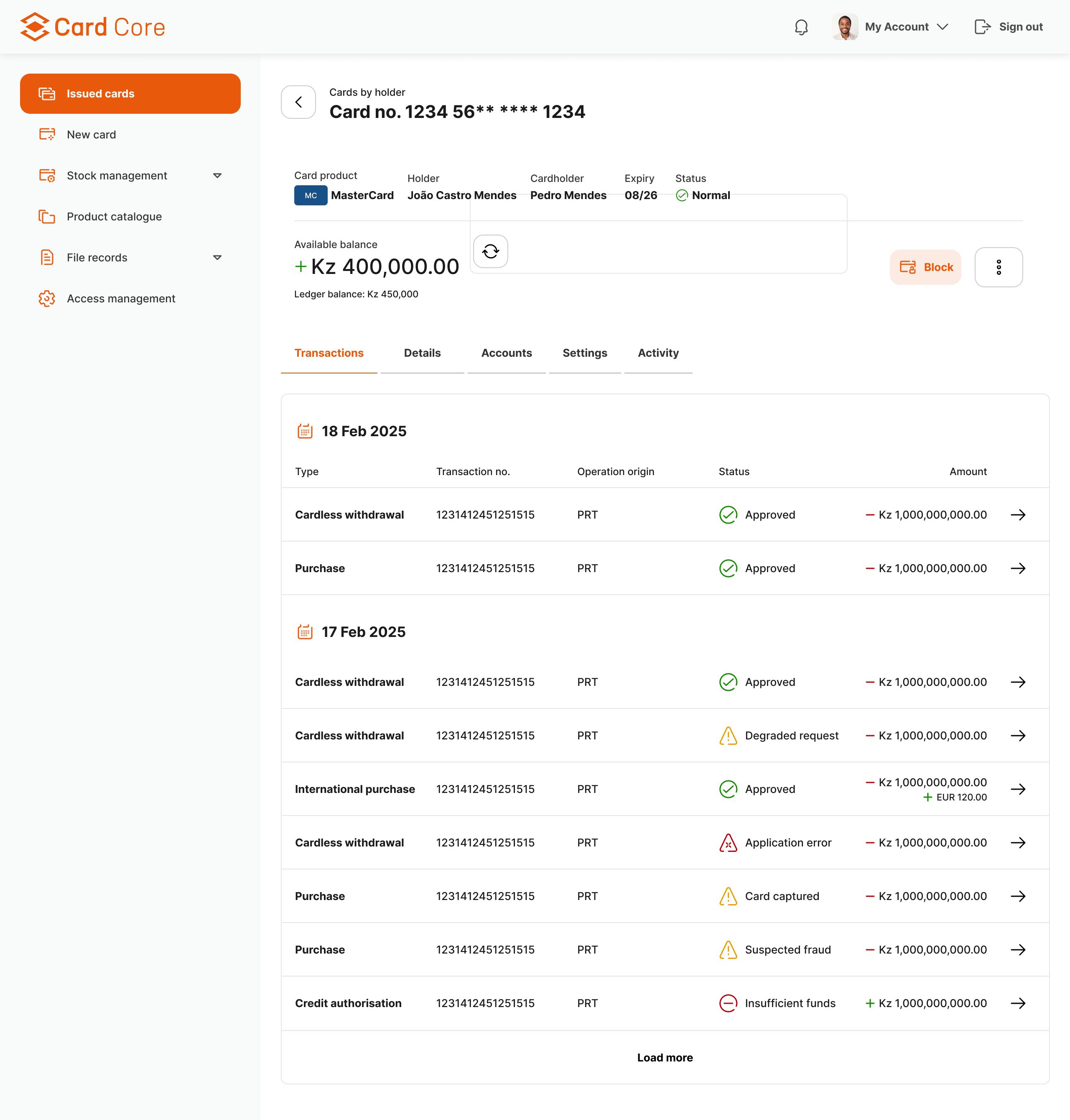 CardCore card detail screen: header with card product, holder, cardholder, expiry and status, available balance with block action, and a transactions table grouped by day with status icons and amounts.