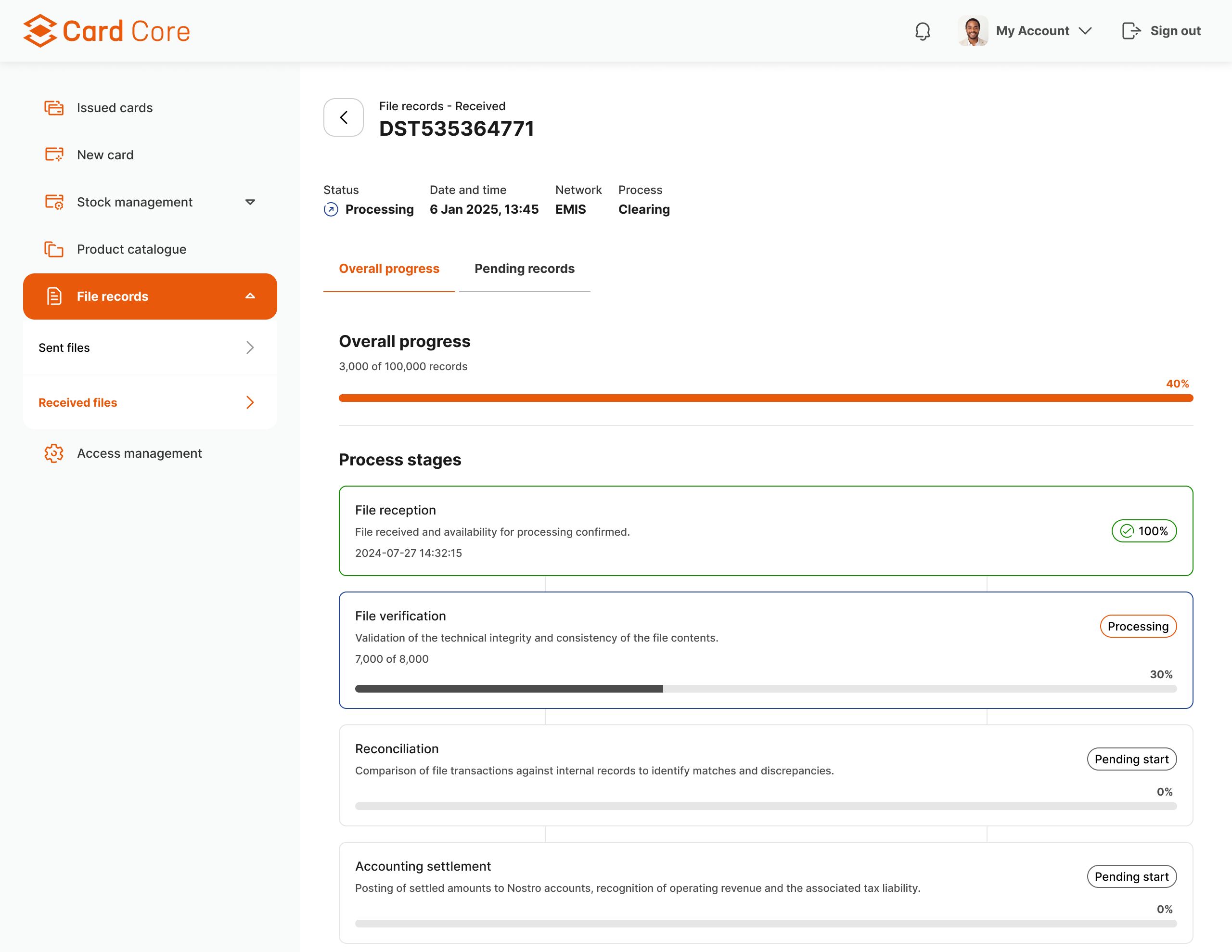 CardCore received file detail screen: file status, date, network and process, overall progress bar at 40% and a list of process stages with completion percentages.