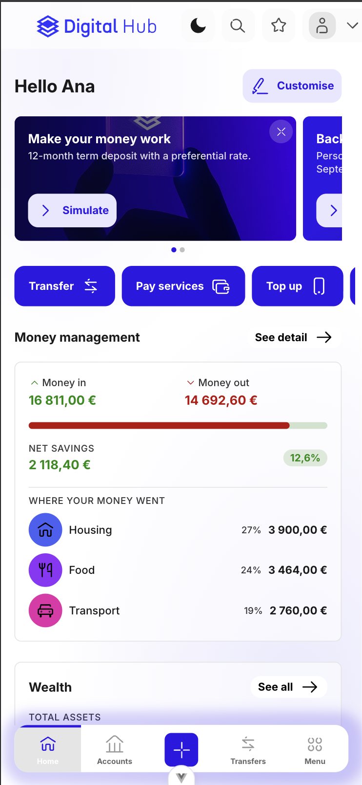 DigitalHub mobile banking homepage, showing the same widgets as the desktop version.