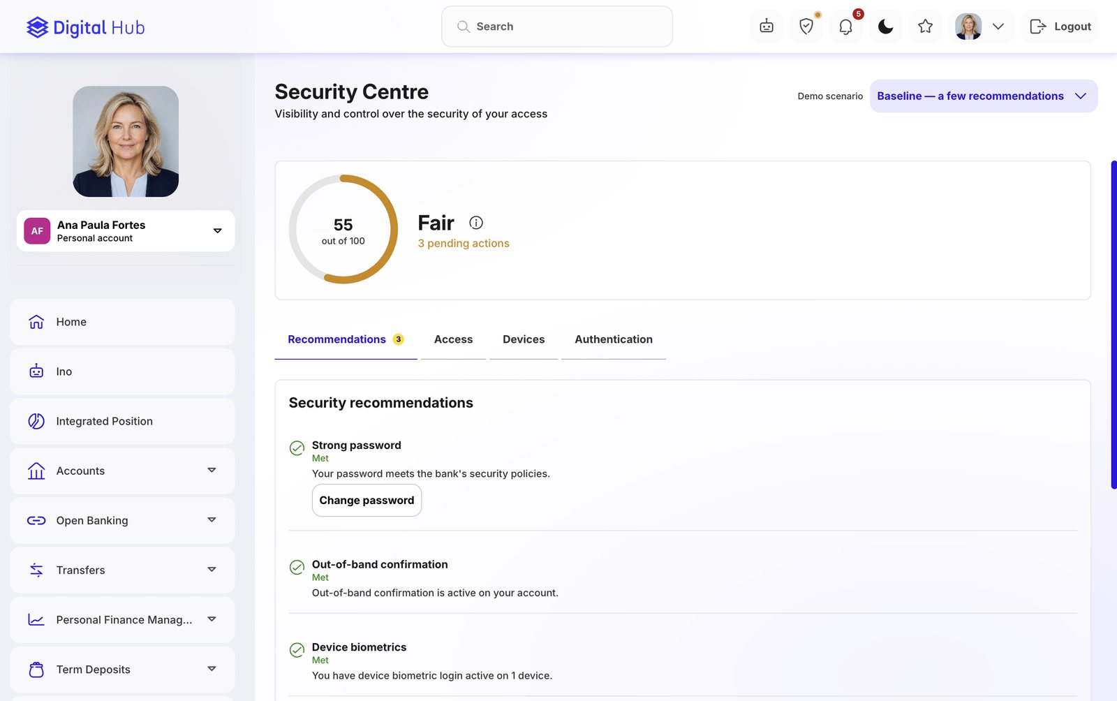 DigitalHub Security Centre with a security score of 55 out of 100 and a list of security recommendations.