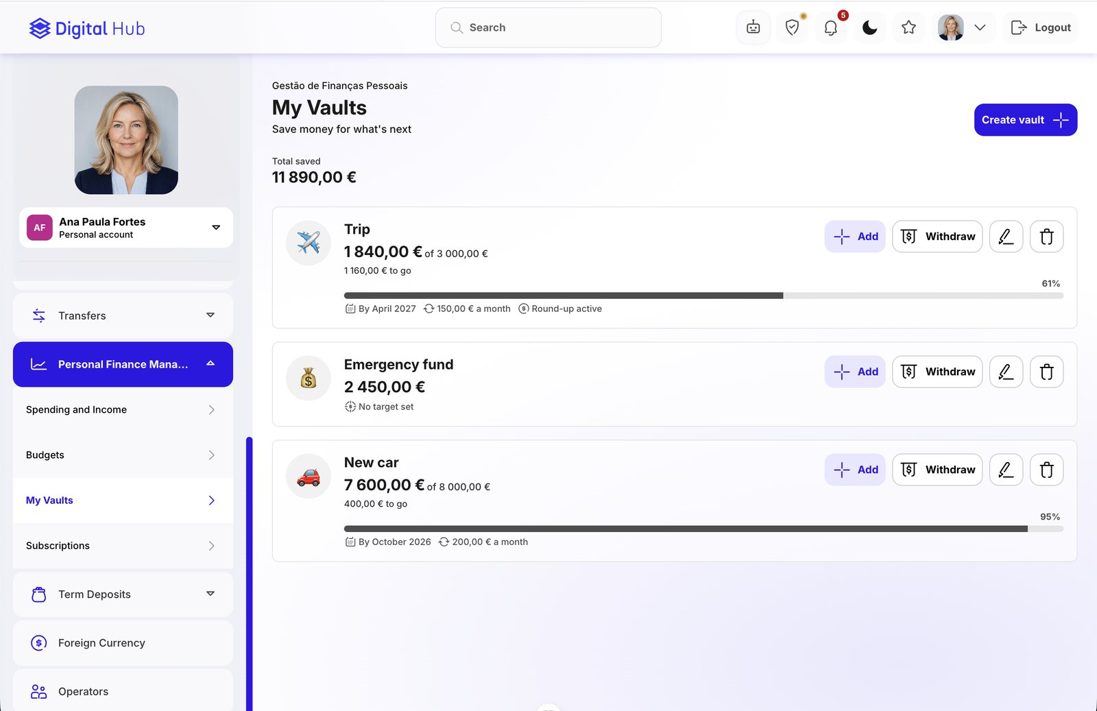 DigitalHub My Vaults screen with three savings goals, progress bars and add or withdraw actions.