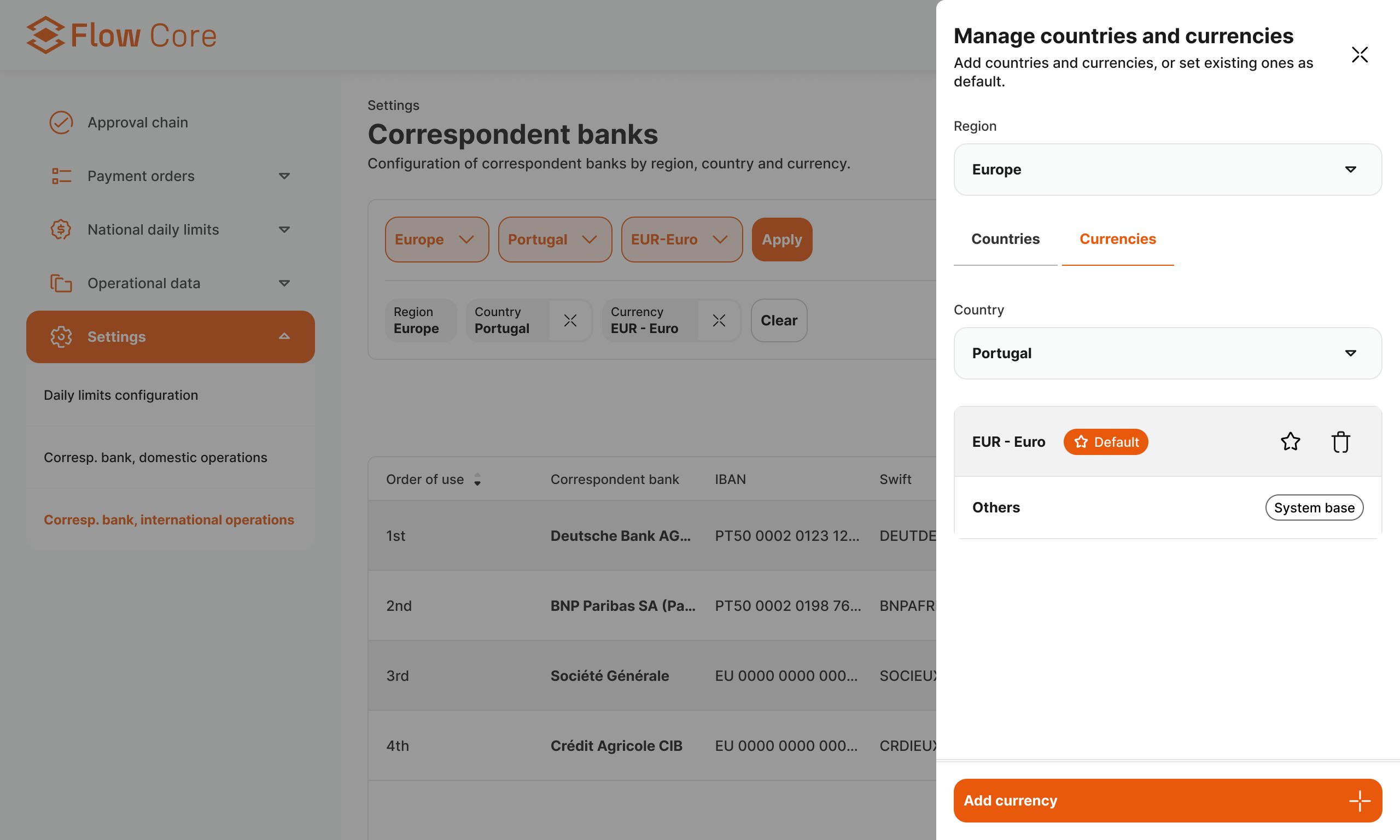 FlowCore correspondent banks settings: filtered table of banks by order of use with IBAN and Swift, and a side panel to manage countries and currencies.
