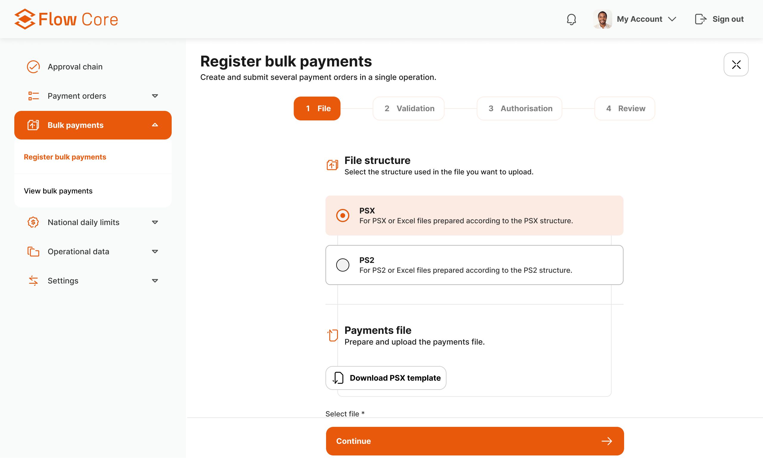 FlowCore register bulk payments screen: four-step wizard with file structure choice between PSX and PS2 and a payments file upload area.