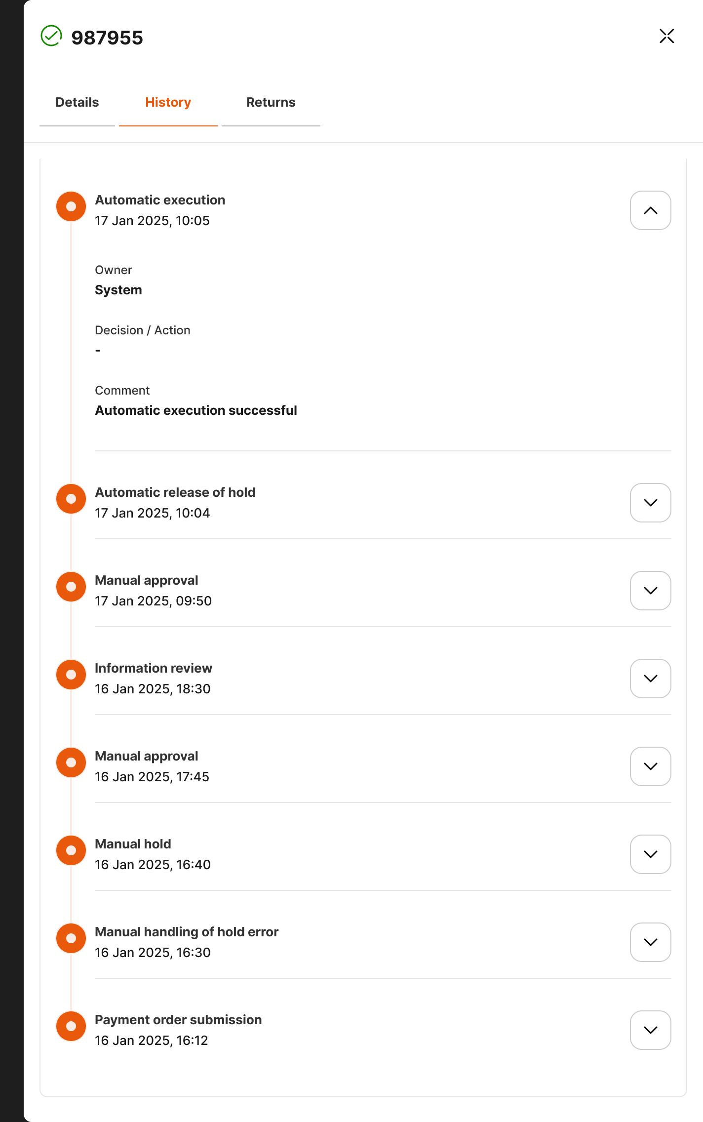 FlowCore order detail panel on the History tab: a timeline from payment order submission to automatic execution, with owner and comment for each step.