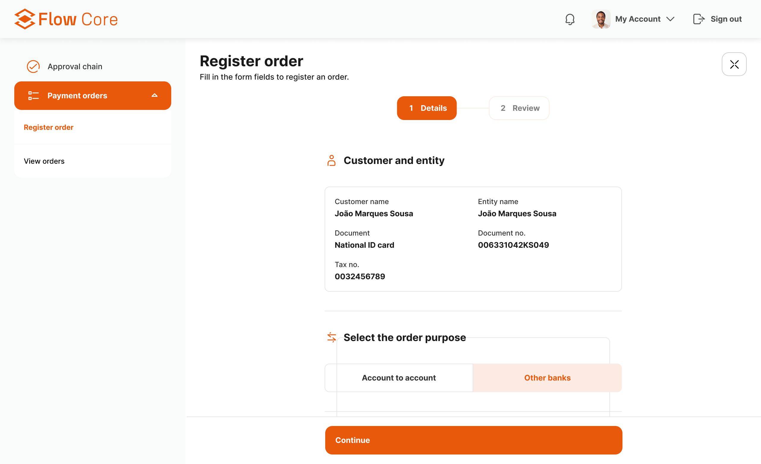 FlowCore register order screen: two-step wizard with customer and entity details, order purpose selector and processing mode.