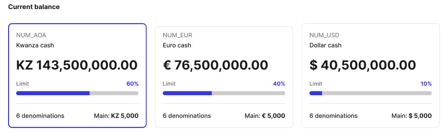 Detail of the current balance cards: Kwanza, Euro and Dollar cash with limit progress bars and number of denominations.